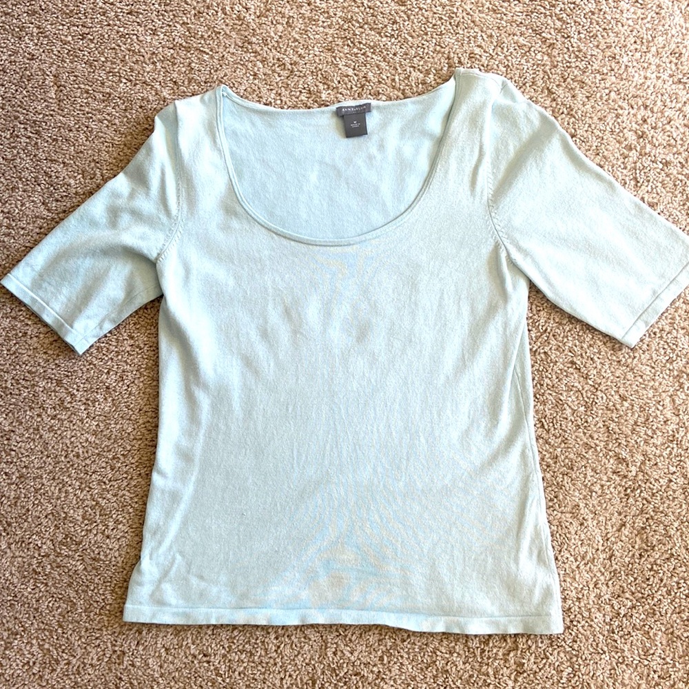 Ann Taylor Short Sleeved, Light Blue Sweater w/ Detailed Stitching - Med